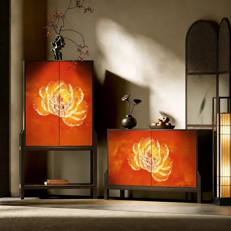 Medieval Style Orange Golden Lotus Painting Solid Wood Porch Cabinet Dining Side Cabinet Living Room Storage New Chinese