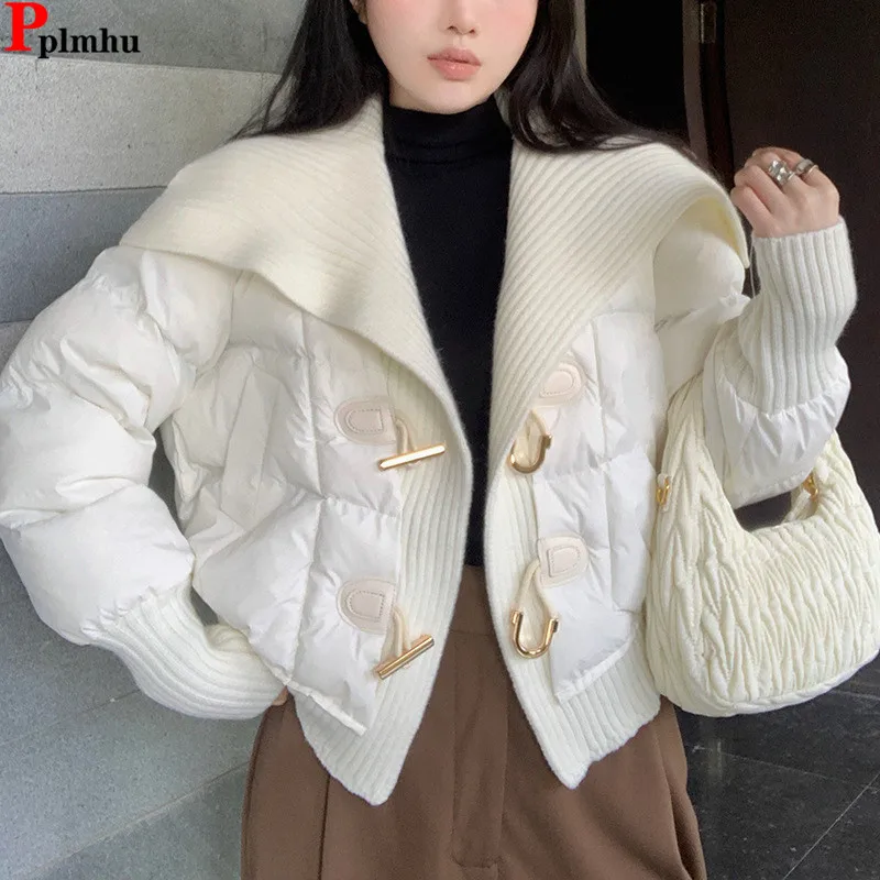 Winter Snow Wear Short Cotton Coats Tops Knitted Spliced Loose Casaco Korea New Fashion Jackets  Elegant Women Chaquetas Abrigos