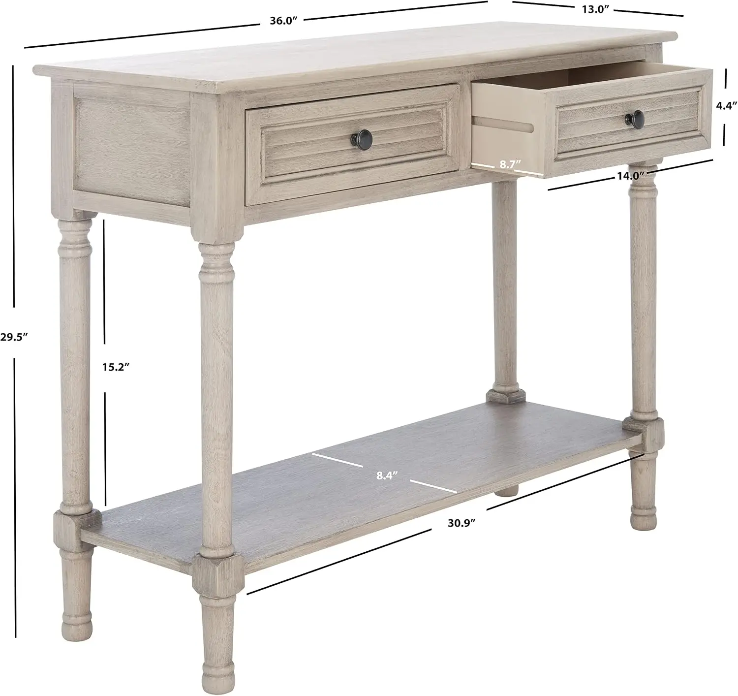 Home Collection – Tate Greige 2-Drawer Console Table with Shelf, Turned Leg Farmhouse Accent Console for Entryway or Living Room