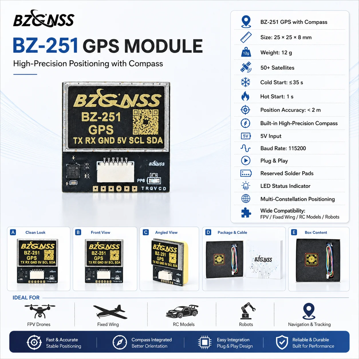 BZGNSS BZ-251 Drone GPS Module With Compass 10Hz UART I2C Ceramic Antenna For INAV Fixed Wing RC Airplane Navigation 72 Channels view 4
