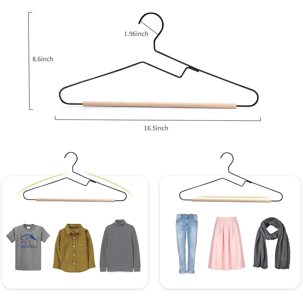 Premium Black Matt Metal Suit Clothes Hanger 20 Pack with a Smooth Beech Wood Pants Bar,Unique Coat Hanger Dress Hanger