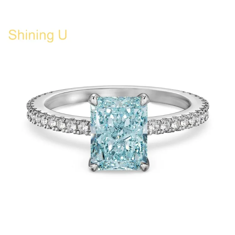 Shining U 925 Sterling Silver 6*8mm Pale Blue Rectangle High Carbon Diamond Gems Ring for Women Fine Jewelry Summer