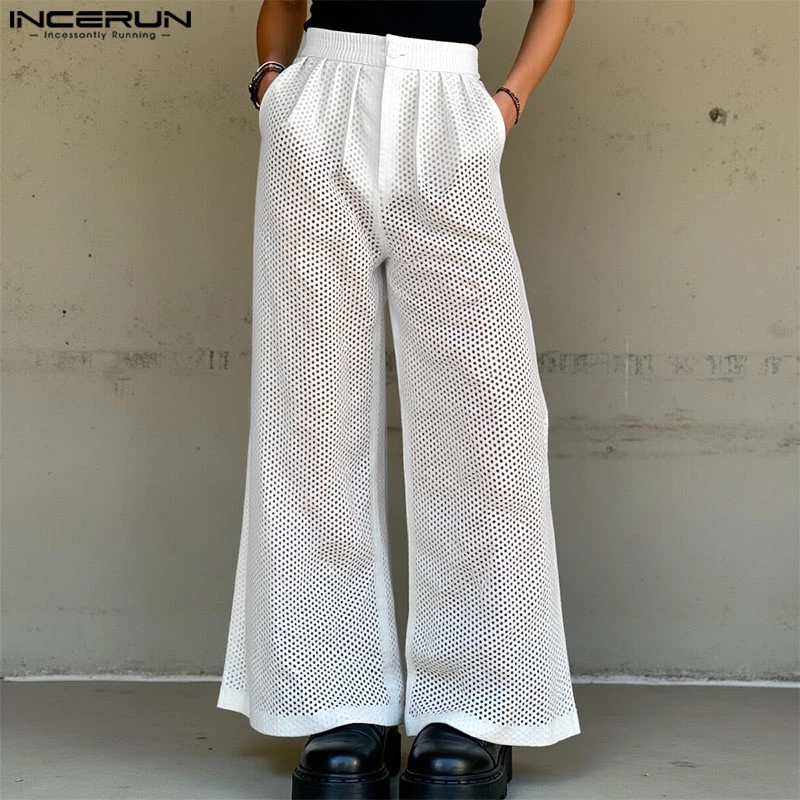 

INCERUN Men Pants Button Mesh Hollow Out See Through Sexy Joggers Wide Leg Trousers Men Streetwear 2025 Fashion Casual Pants