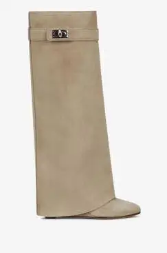 NONE Silber Metall Shark lock Kniehohe Stiefel Frauen Spitz Echt Leder Keil Erhöhen Höhe Hohe Ferse Schuhe Frau Botines Mujer 3