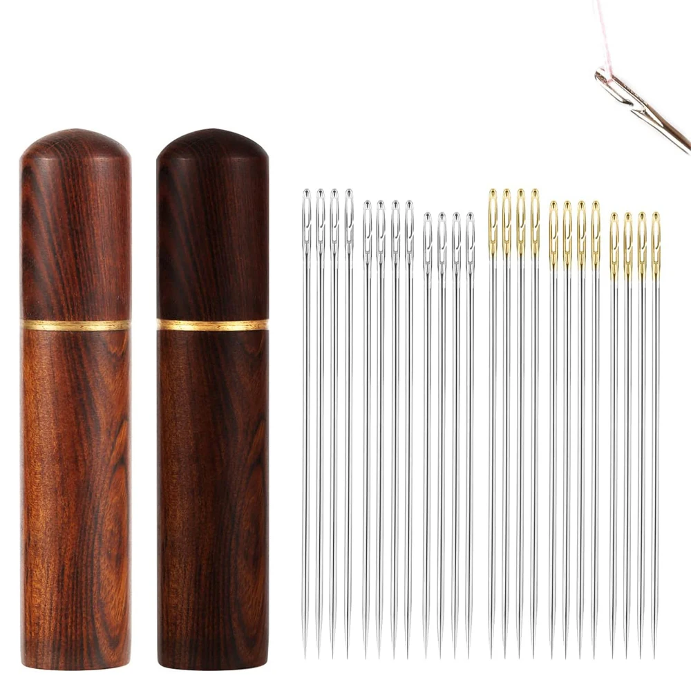 

24PCS Hand Sewing Needles Self Threading Needles and 2 Wooden Needle Storage Case Sewing Needles Kit for DIY Embroidery Sewing