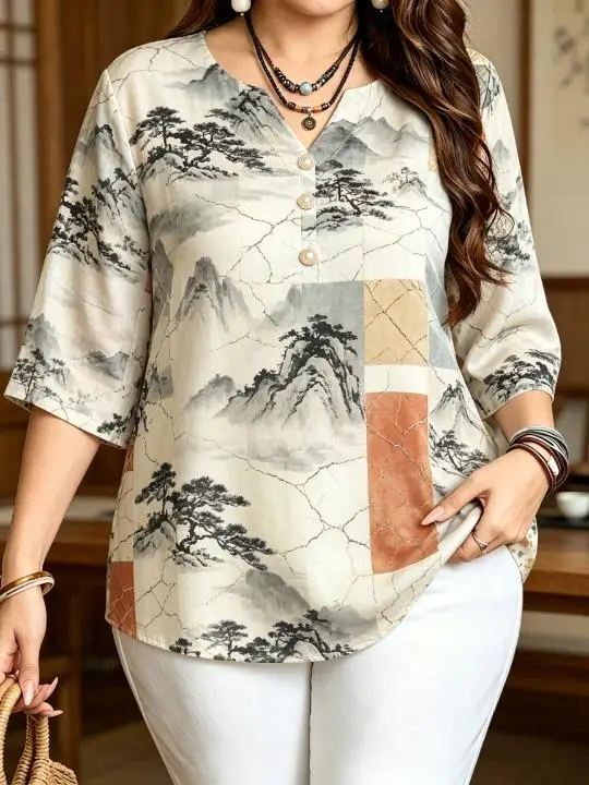 Patchwork Geometric Floral Ink Print Women Blouse 3/4 Sleeve Notch V Neck Half Decor Button Loose Casual Tops