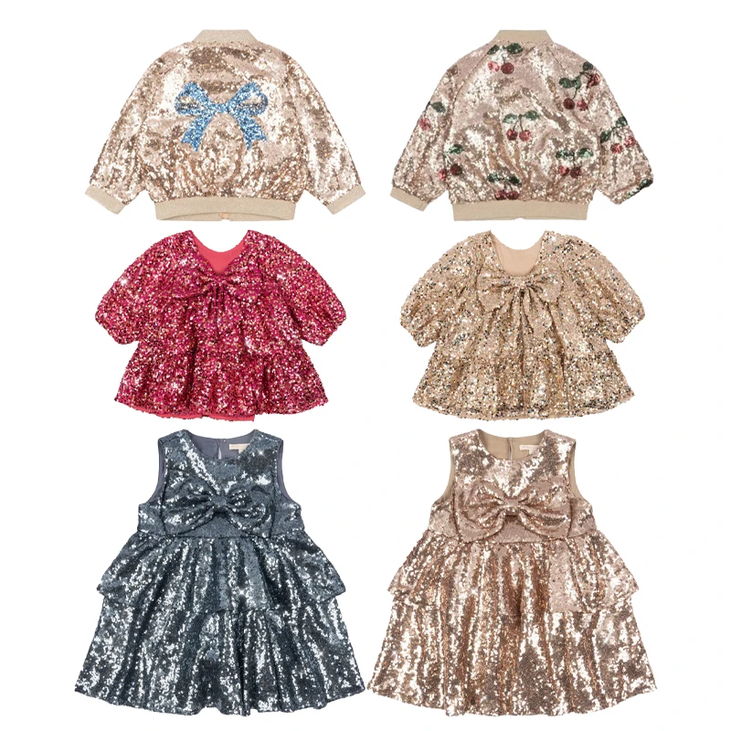 2025 جديد الخريف الشتاء الفتيات الترتر سلسلة سترة تنورة الفتيات موضة القوس معطف الذهب الاطفال ارتفع الأحمر تنورة بأكمام طويلة #1