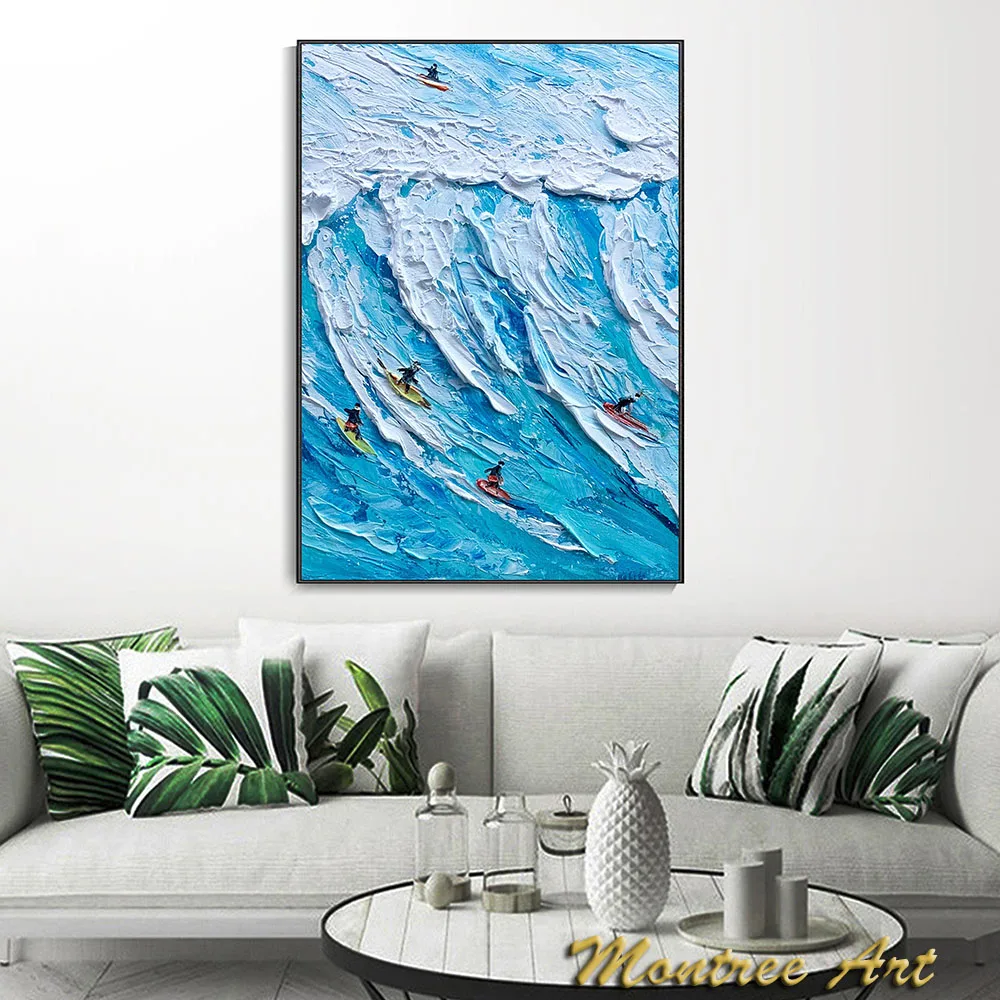 Handmade Oil Painting Abstract Surf Wall Art Blue Ocean Wave Painting Canvas Surf Decor Painting Personalized Surf Painting