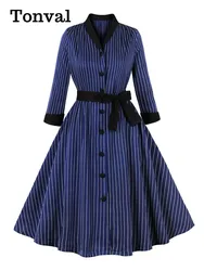 Tonval Contrast Collar Blue Striped 3/4 Length Sleeve Fall Dresses for Women Single Breasted Belted Vintage Party Dress