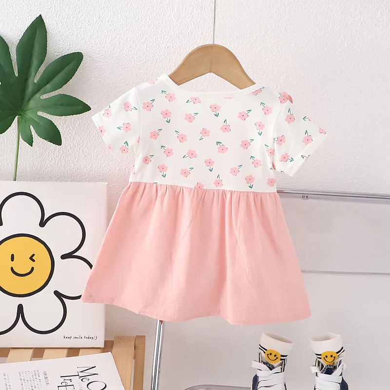 (0-3 Years Old) Summer Baby Girl Cotton Flower Fake Two-Piece Shoulder Strap Dress Girl Cute Short Sleeved Dress