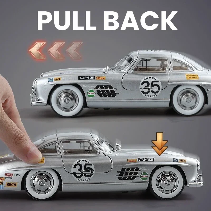 1:24 Mercedes Benz 300SL Refit aleación Vintage coches clásicos Diecast Metal escala coche modelo sonido y luz niños vehículos de juguete regalos