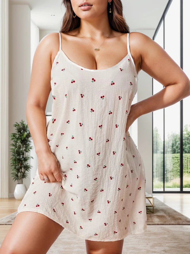

Plus Size European and American New Women's Cherry Print Suspender Skirt
