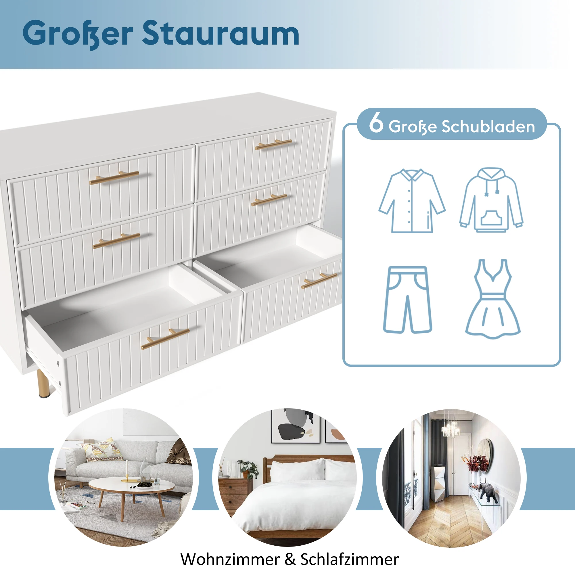 Weiße Schubladenkommode mit 6 Schubladen, geeignet für Schlafzimmer und Wohnbereiche, Maße H75/B120/T40 cm. – Detail 3
