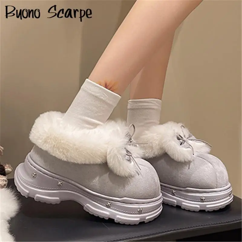 

Luxury Design Butterfly Knot Metal Decoration Round Toe Thick Sole Platform Chunky Heels Women Snow Boots Slip On Fashion Shoes