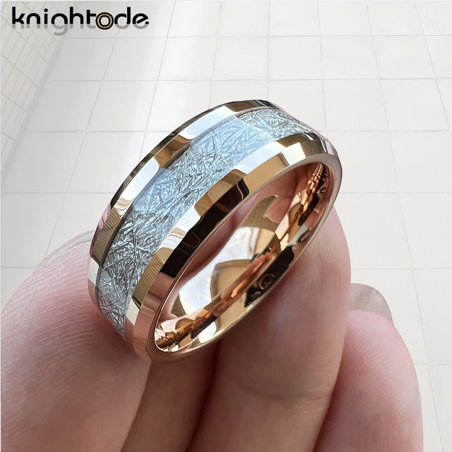 8mm White Meteorite Tungsten Carbide Wedding Band For Men Women Engagement Rings Beleved Edges Flat Polished Finish Comfort Fit