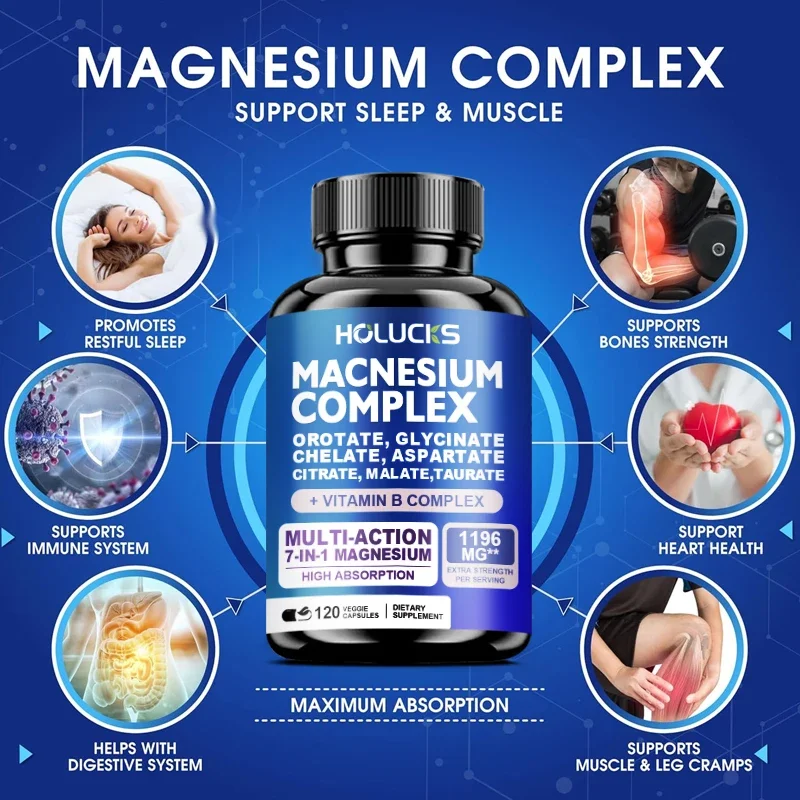 Magnesium Complex 1000mg Supplement, with Vitamins C, E, B1, B2, B6, B12, Chelated Magnesium Glycinate, Malate, Taurate &Citrate