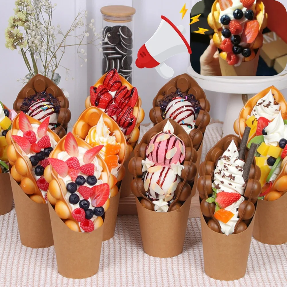 Simulation Egg Waffles Ice Cream Model Sample Dessert Fake PU Bubble Waffle Food Fruit Chocolate Fruit Ice Cream Decoration