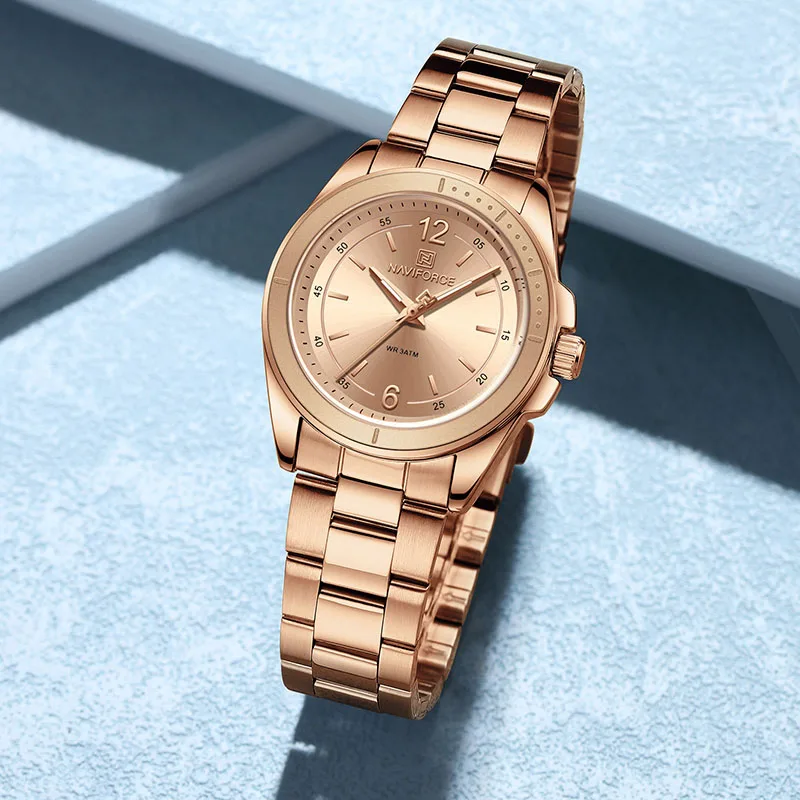 

NAVIFORC женские элегантные кварцевые наручные часы со стальным ремешком 30 м водонепроницаемые двойные защелки уникальный дизайн модные часы для женщин Reloj Muje