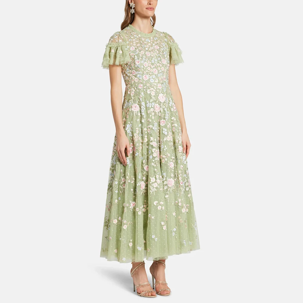 

Customized O-neck Green Tulle Evening Dress Short Sleeves With Appliques Draped Party Dress A-line Ankle Length Prom Gown