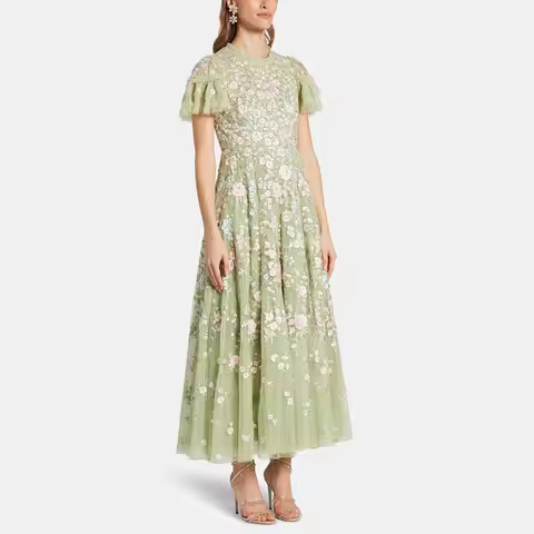 Customized O-neck Green Tulle Evening Dress Short Sleeves With Appliques Draped Party Dress A-line Ankle Length Prom Gown