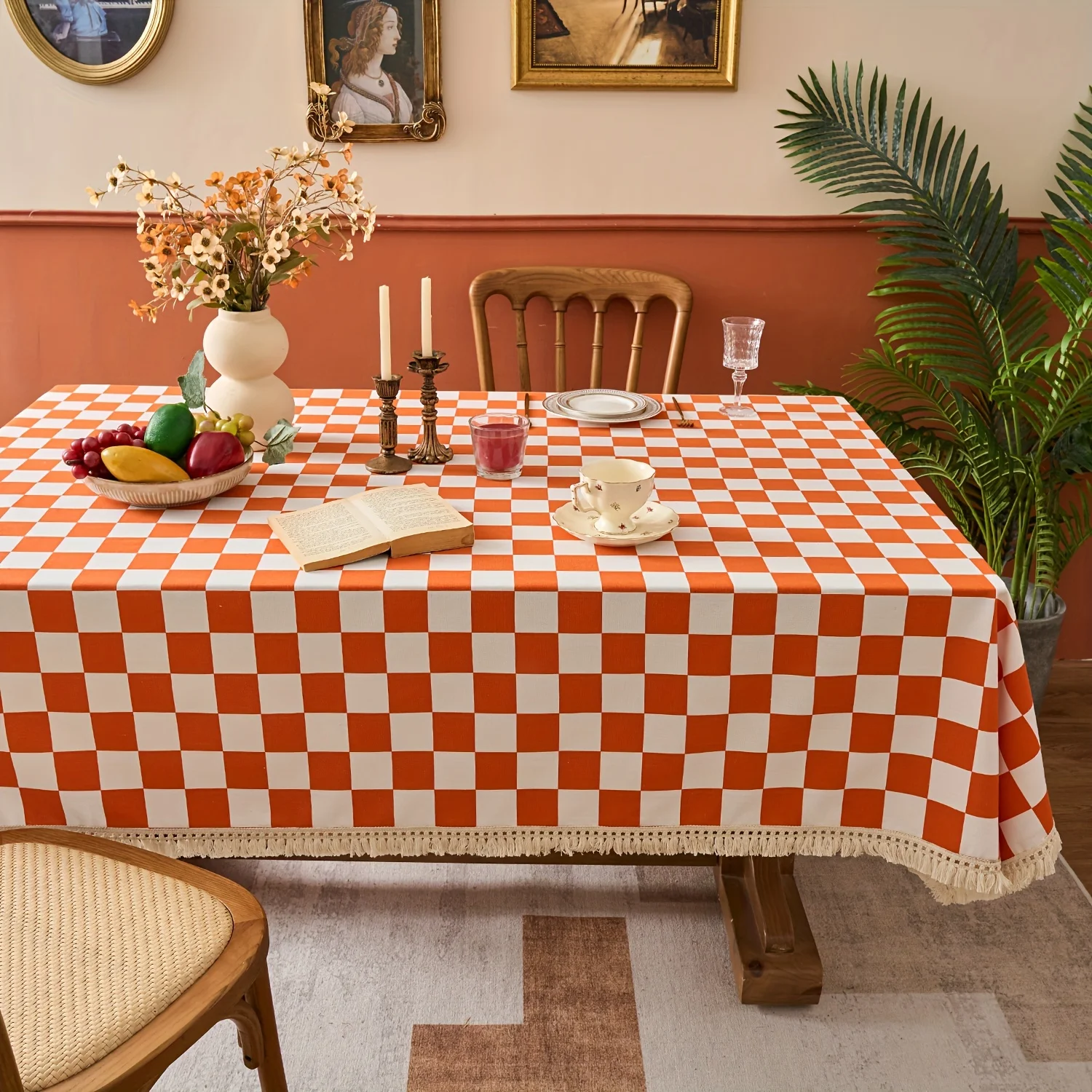 French vintage tablecloth, thick canvas household tablecloth, checkered cover cloth
