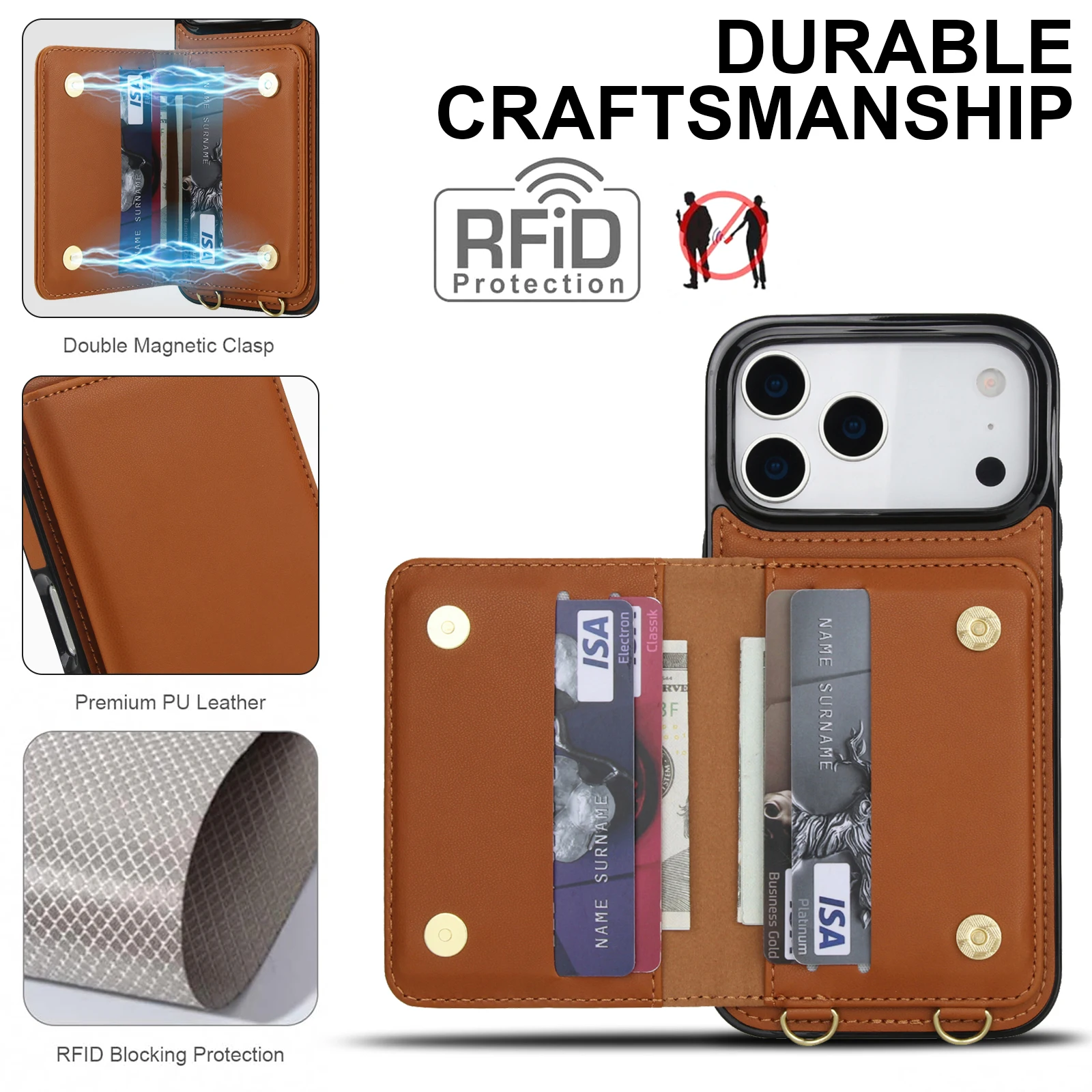 Skórzane etui na iPhone 18 17 Pro Max 16 Plus 15Plus 14 13 12 11 z paskiem, kieszonką na karty, funkcją podpórki i ochroną RFID — zdjęcie produktu 4