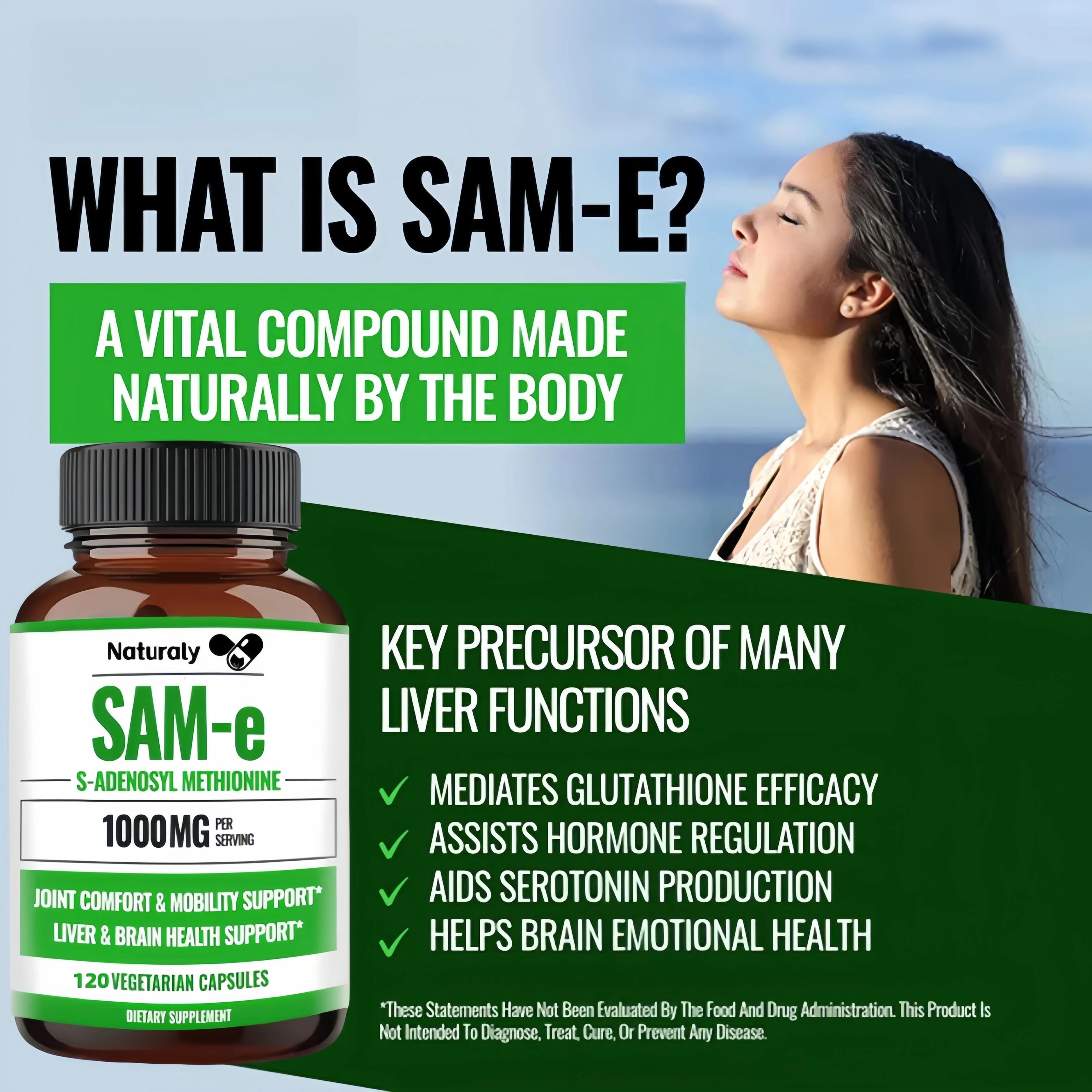 SAM-e Supplement 1000 Mg, Non-GMO, Gluten Free - Supports Mood Balance, Liver Health and Joint Comfort, Flexibility and Mobility