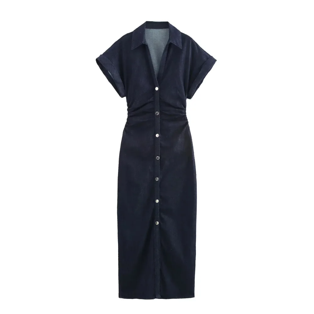 

2025 BM&MD&ZA Women's Short - sleeve Shirt Dress with Pointed Collar Button - down Front and Ruched Detail for a Chic Look