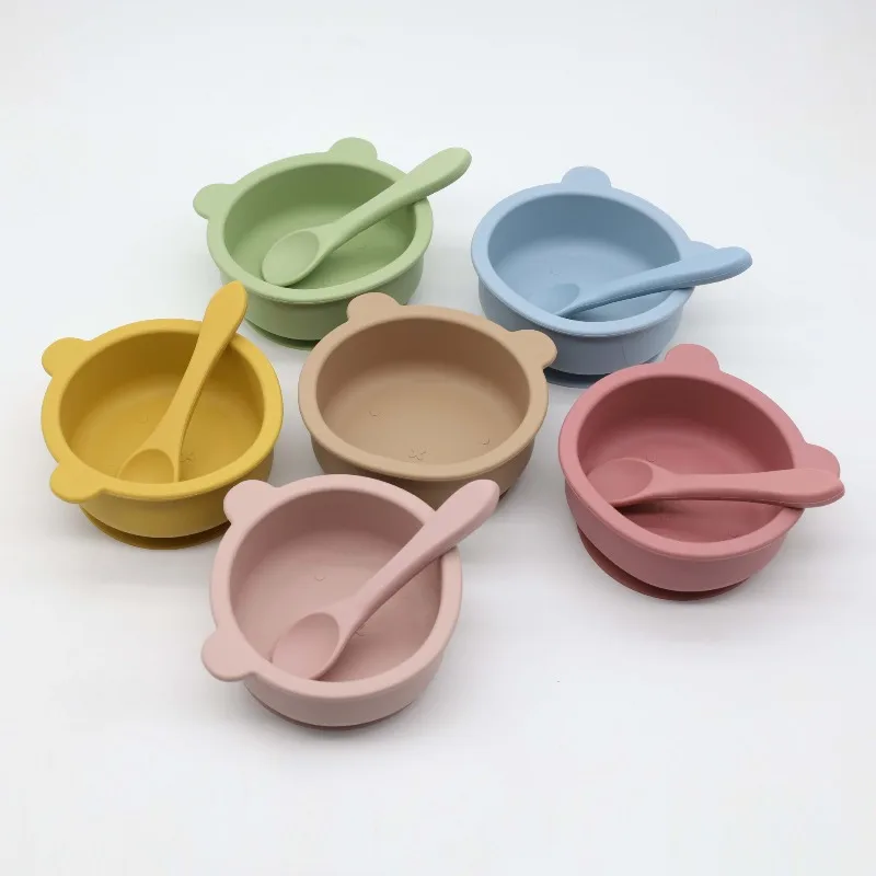 New Baby Silicone Teddy Bear Bowl Suction Cup Anti Drop Food Grade Silicone Rice Paste Spoon Baby Feeding Utensil Bowl Practical