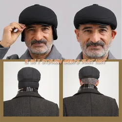 Thick Warm Winter Caps for Men Solid Black Grey   Flat Cap Male 5 Panels Beret Hat with Ear Flaps Beret Caps