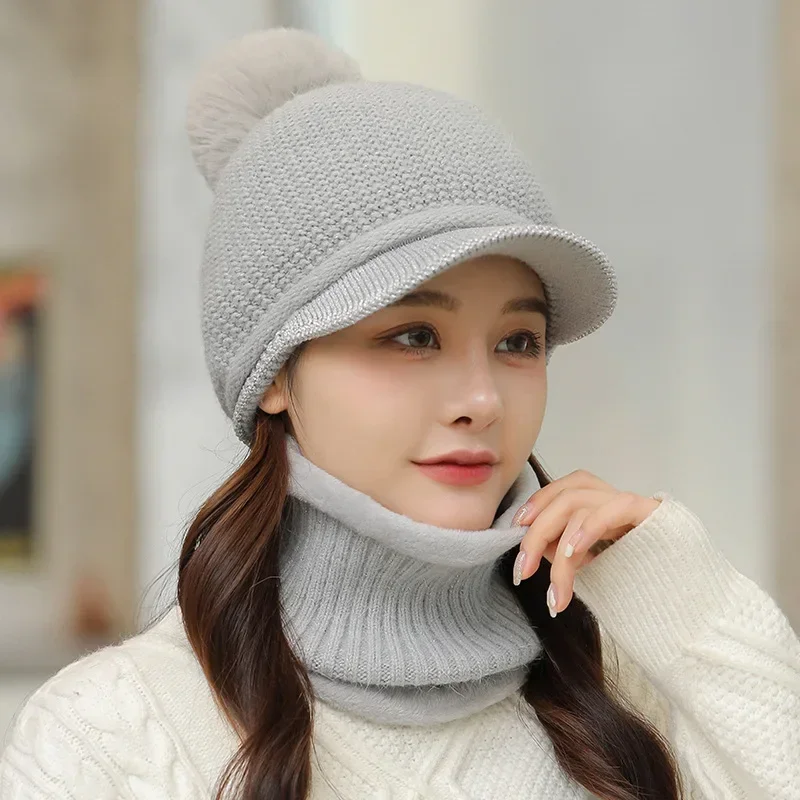 Autumn and winter women knitted duck tongue two piece set rabbit fur warm baseball cap ear protection neck and waist woolen hat