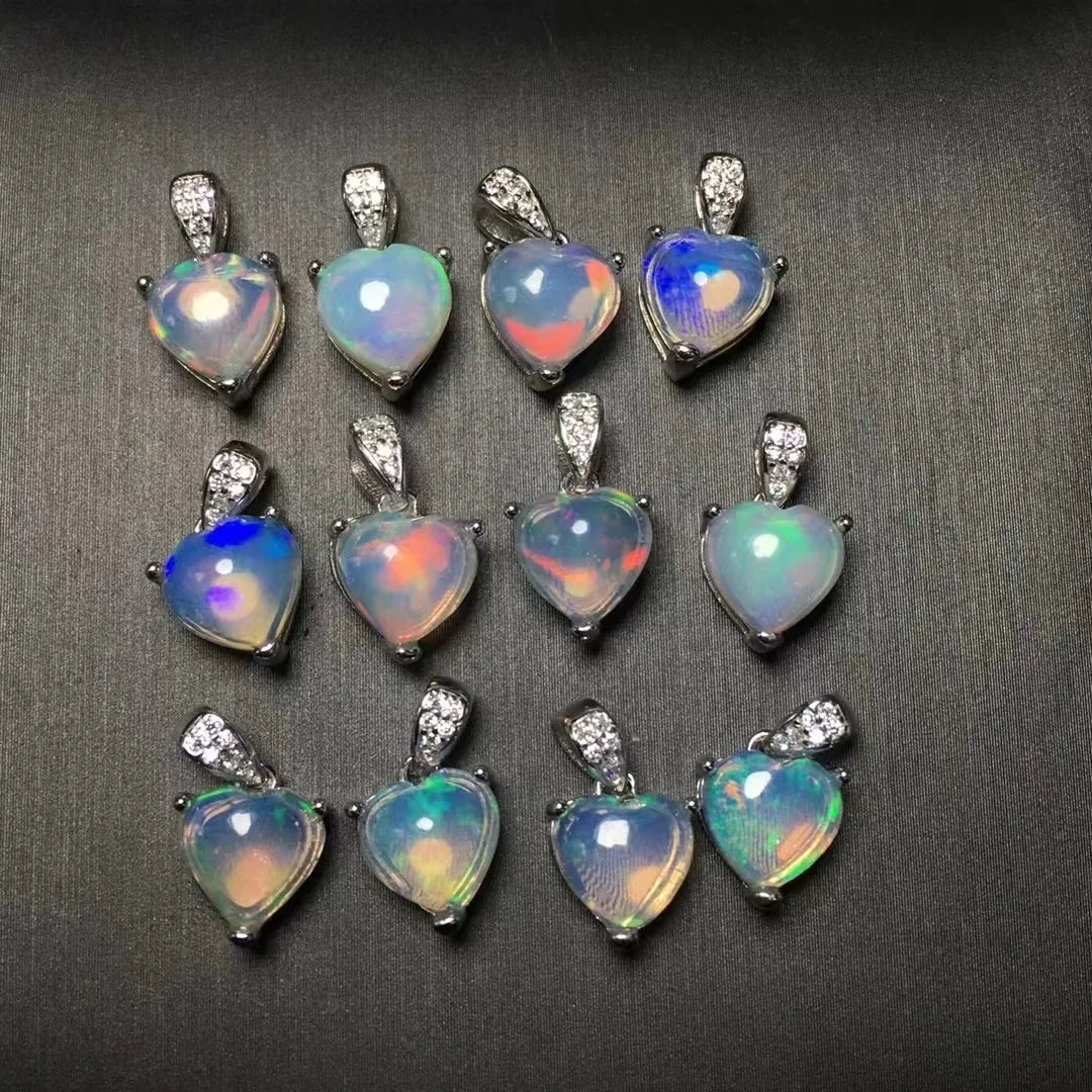 Unit One Piece 925 Silver Chain With Hot Sale Natural Rainbow Opal Crystal Healing Heart Shape Pendant