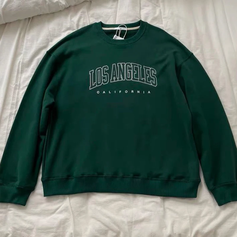 American Retro Letters Printing Dark Green Crewneck Sweatshirt Women Oversized Hoodies Pullovers New Spring Sudaderas Para Mujer