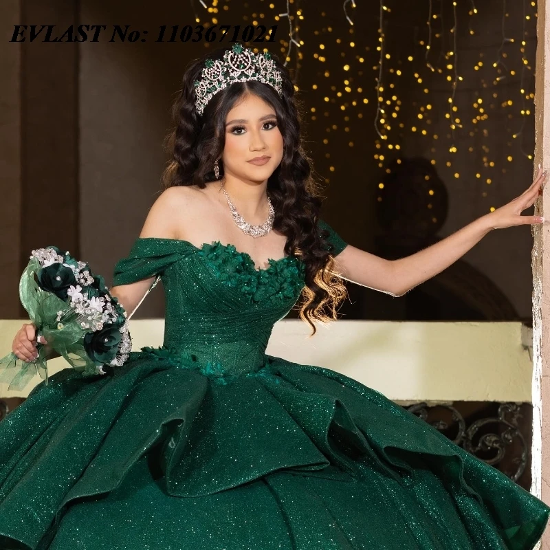 EVLAST Customized Glitter Green Quinceanera Dress Ball Gown Lace Applique Beading Corset Sweet 16 Vestidos De XV Anos SQ344