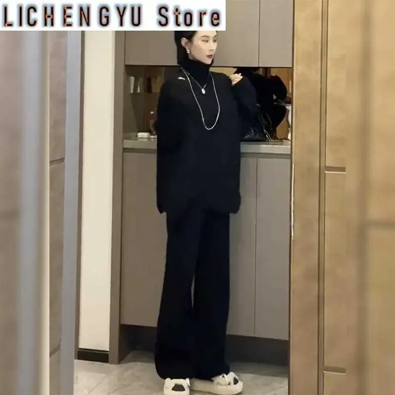Purple Turtleneck Knitted Suit Women Thickened Fashion High-grade Sweater Wide Leg Pants Two-piece Set of Tide