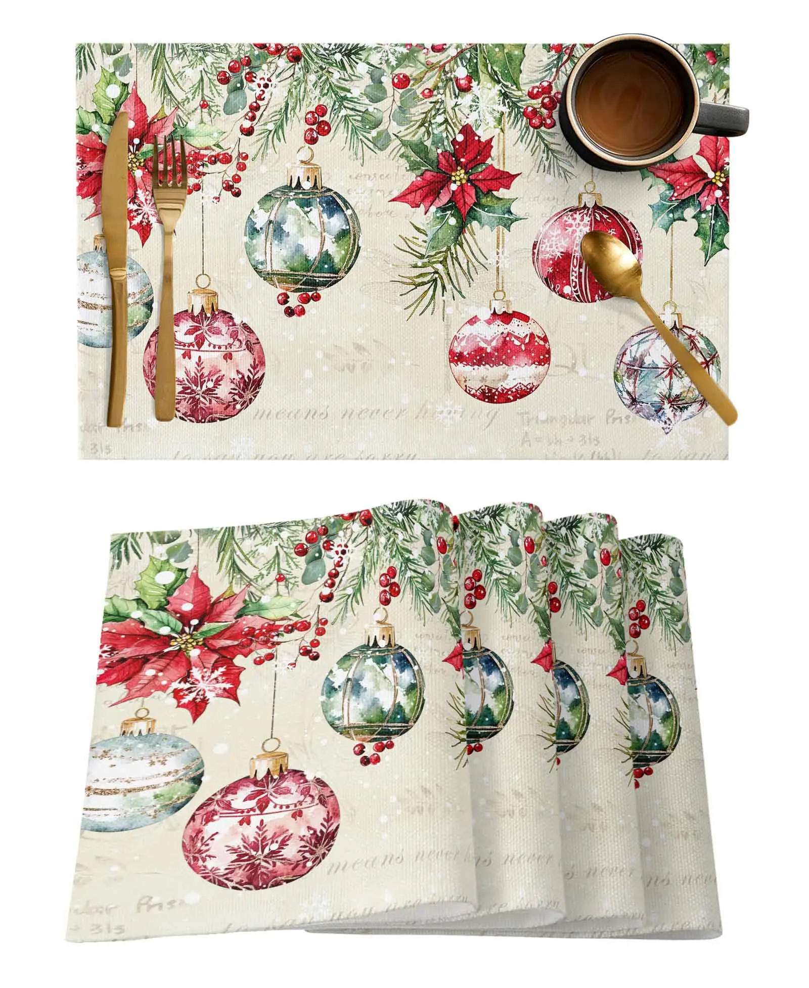 4PCS Poinsettia Berries Christmas Balls Snowflakes Placemats Linen Dining Table Mats Coaster Bowl Mat Kitchen Home Decoration