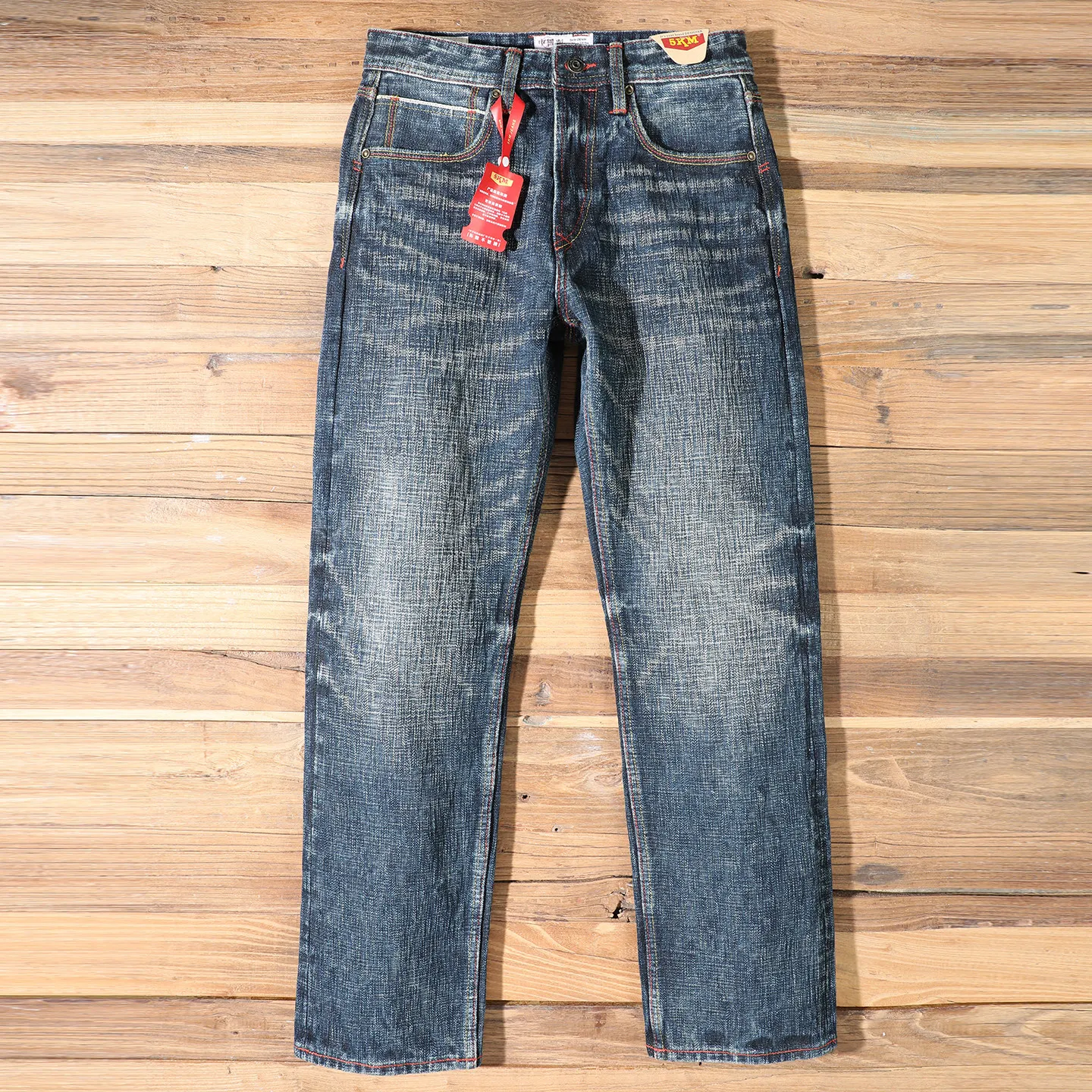 

22oz Heavyweight 100% Cotton Washed Men's Selvedge Denim Jeans Taiwan Hand-spun Yarn Plant-dyed Standard Straight Fit Pants 5KM