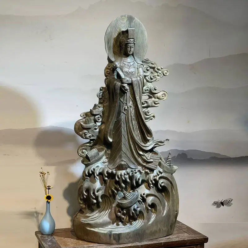 Gloomy nanmu Mazu icon wood carving ornament Queen Empress character root carving decoration Buddhist hall living room