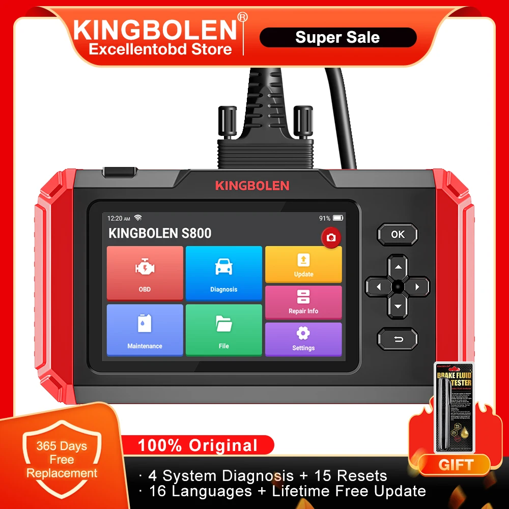 KINGBOLEN S800 5 inch Car Diagnostic Tool Full OBD2 Scanner 4 System 15 Resets Service SRS ABS ENG TCM Lifetime Free Update