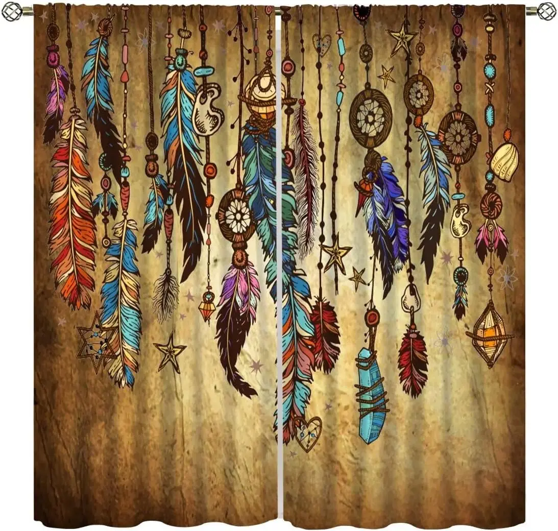 Vintage Feather Curtains,Native American Indian Ethnic Tribe Aztec Style Window Treatments for Bedroom Living Room 2 Panels