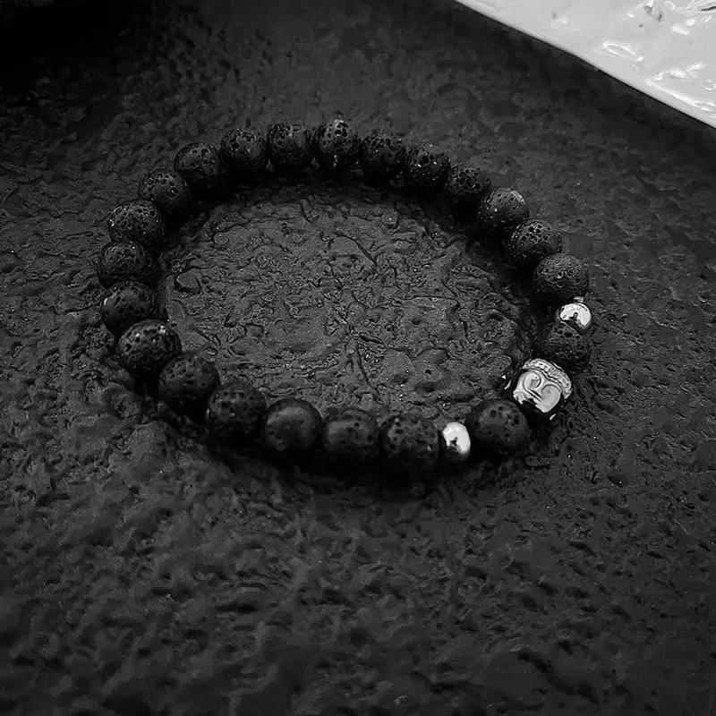 Natural Picture Jasper Lava Rock Bracelet Mens Buddha Head Metal Charm Elastic Vintage Wrist Jewelry