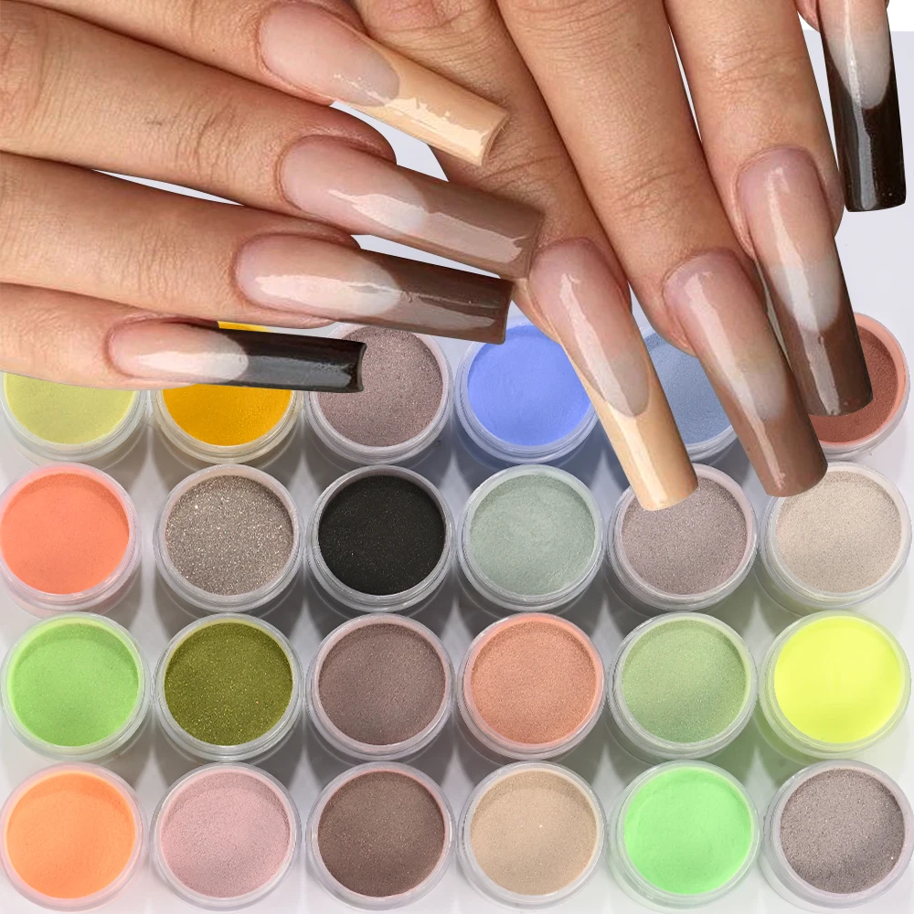 24Pcs Dopamine-Color Acrylic Powder 5g/Jar Brown/Yellow/Green Crystal Polymer for French Nail Art 3D Tips Extension Carving Dust
