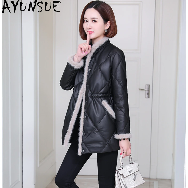 

AYUNSUE Real Leather Down Jackets for Women 2023 Genuine Sheepskin Leather Jacket Mink Fur Collar Mid-length Down Coats Parkas