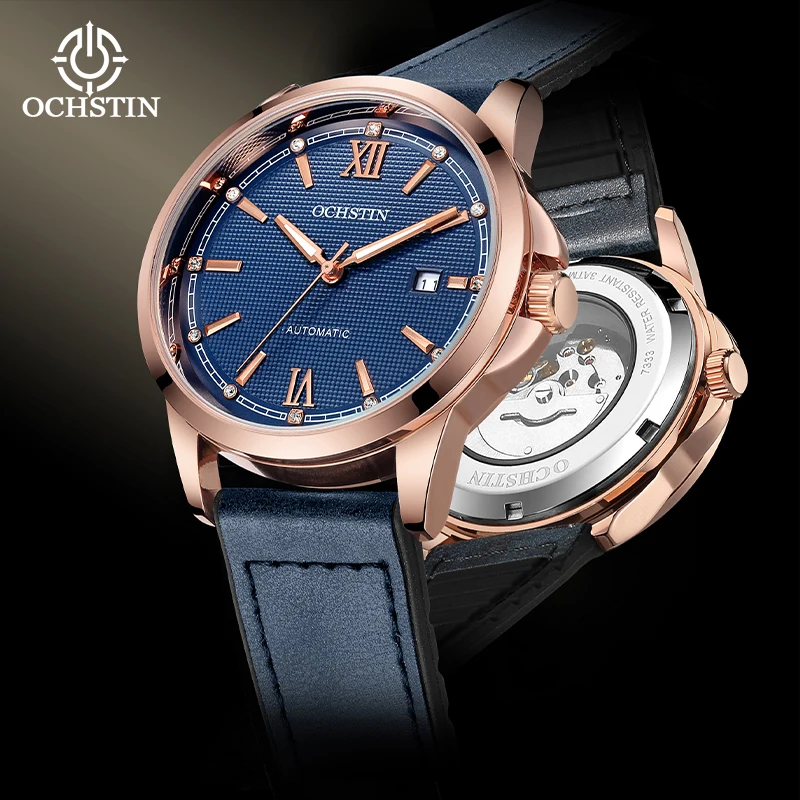 OCHSTIN Men Watch Automatic Mechanical Auto Date Luxury Rose Gold Case Crown Guard Oil Pull Leather Strap Male Dress Wristwatch