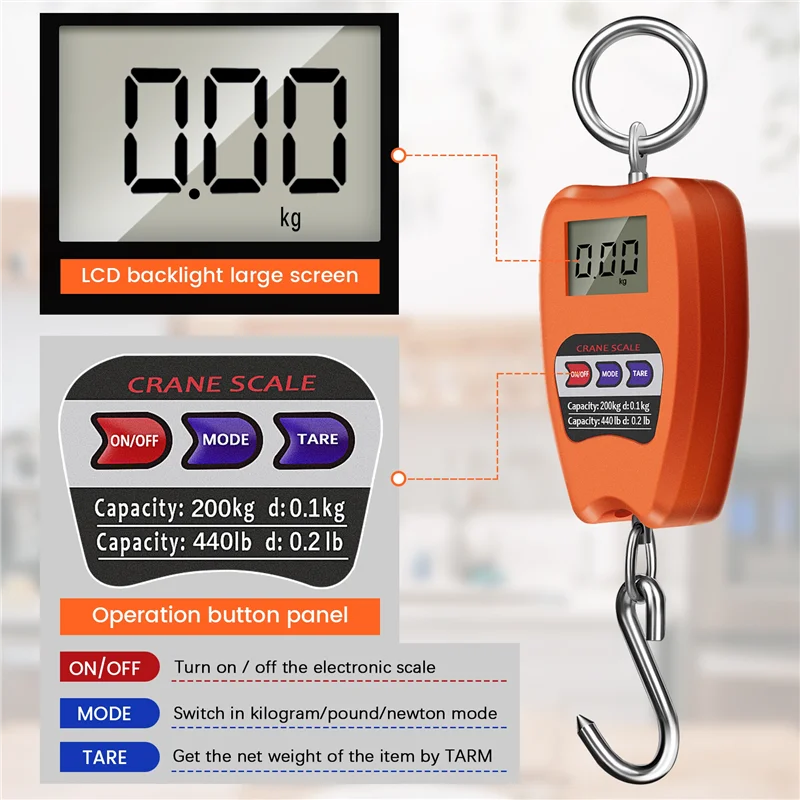 

TKOH-Mini Crane Scale Weighing Digital Industrial Hanging Scale 200Kg/441Lb Heavy Duty Hanging Hook Scales