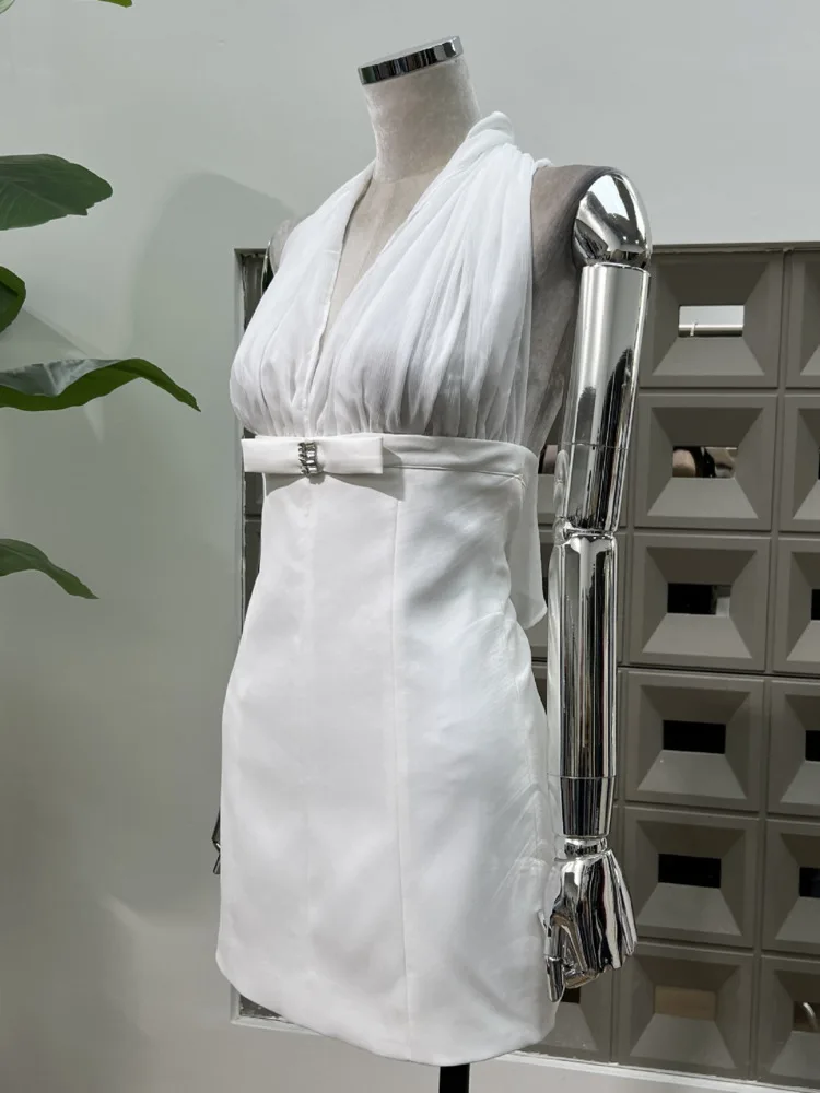 DFDG Robe dos nu pour femme, douce et sexy, col licou, col en V, transparente, moulante, mi-longue, avec nœud au dos, robe de soirée de cocktail élégante, 2025 SS