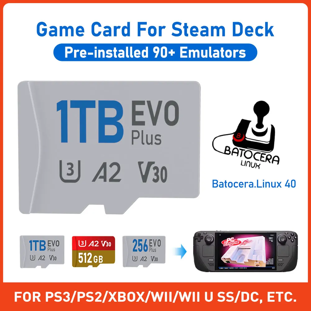 1T/512G/256G Game Card For Steam Deck Batocera.linux 40 With 90+Emulators 40000 Games Memory Card For PS3/PS2/PSP/XBOX/WII/SS/DC