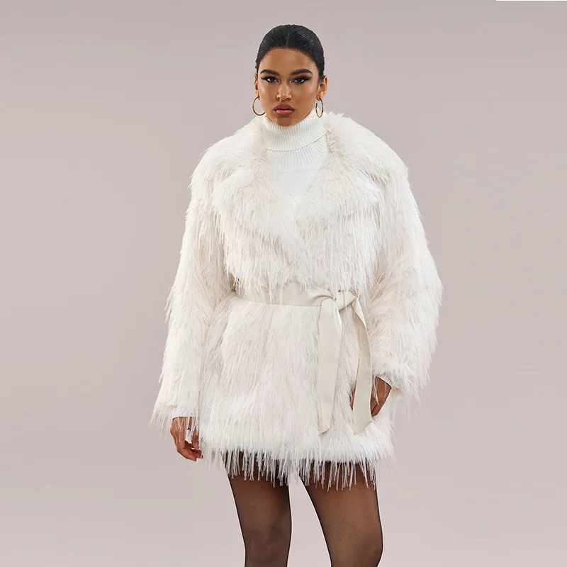 

White Faux Fox Fur Coat Women Lapel Artificial Fur Plush Jacket Mid Long Belted Fluffy Jacket Winter Thick Furry Coat Outerwear