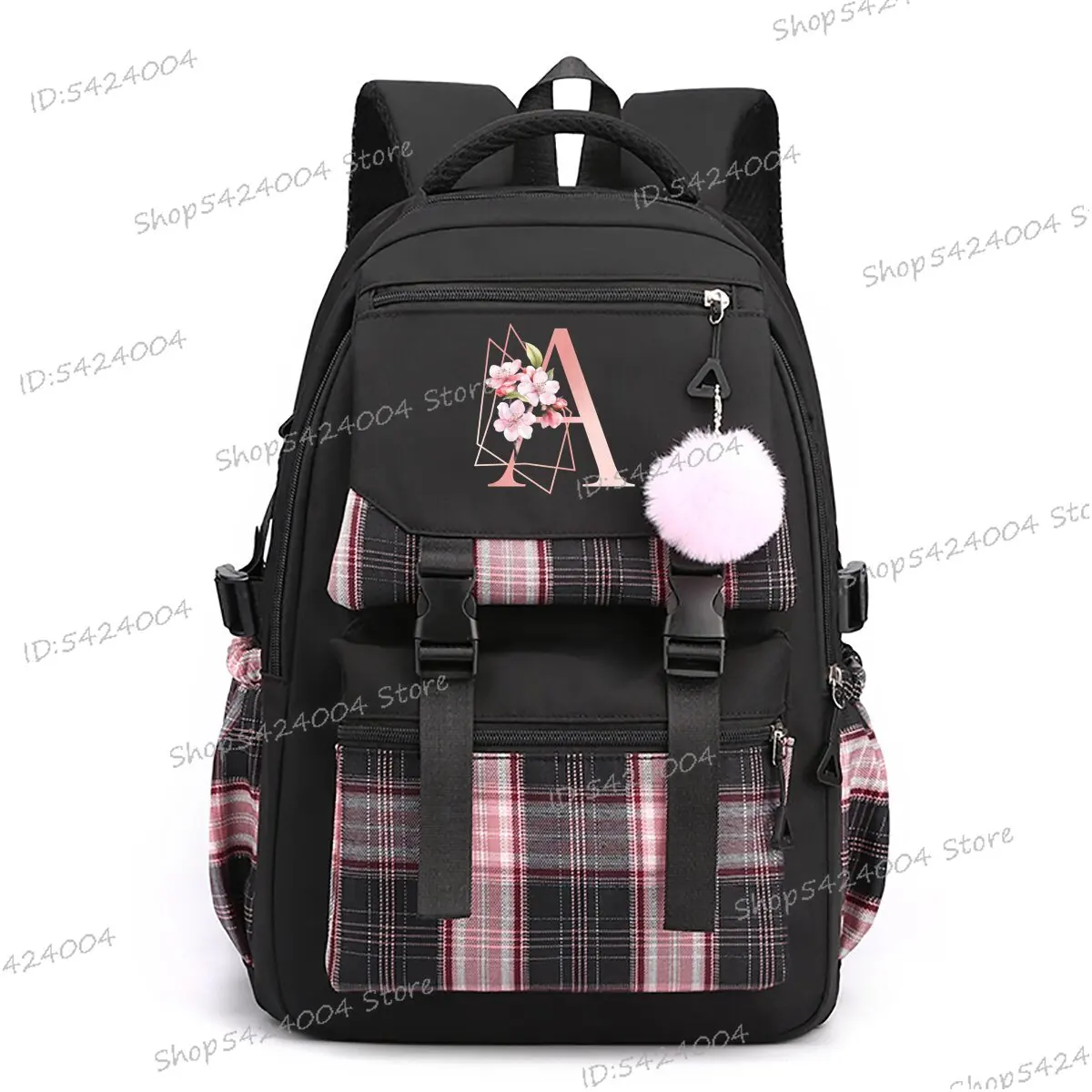 Pink Sakura Alphabet M Schoolbag School Student Korean Style Cute Cartoon Teenage Girl 26 Initials Flower Junior School Backpack