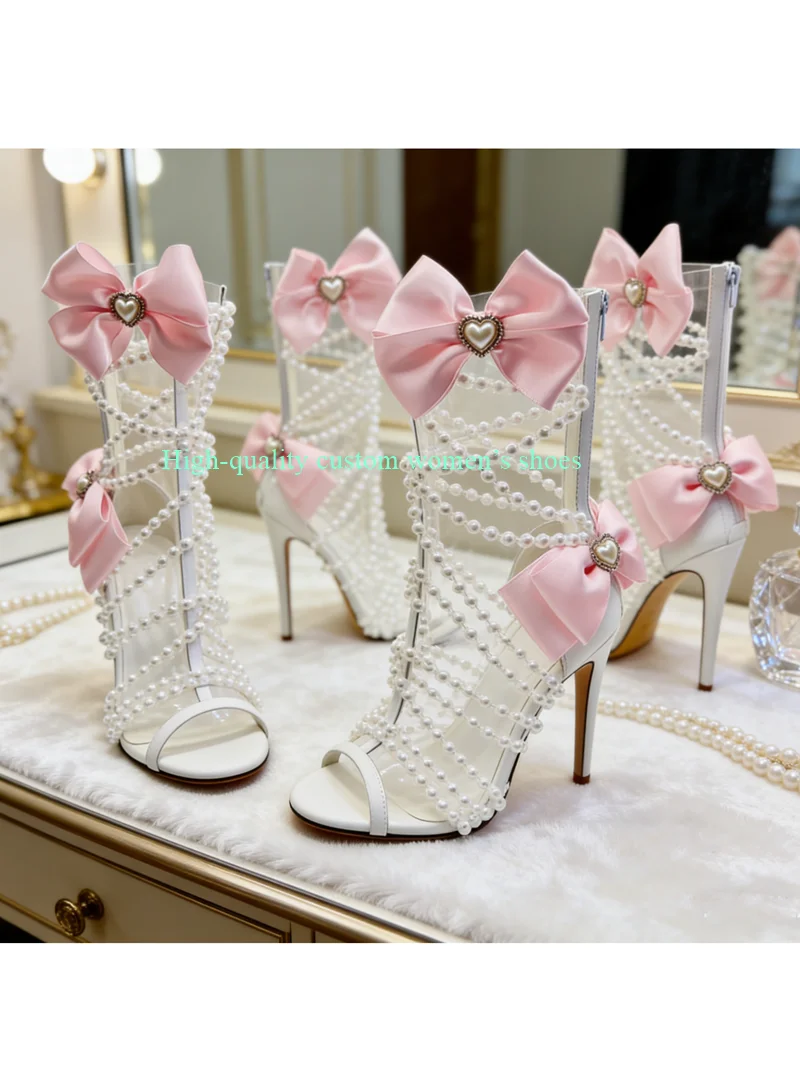 Transparent Round Toe String Of white Pearls Women's Summer Ankle Boots Pink Bow Decoration Luxury Women's Shoes For Banquets